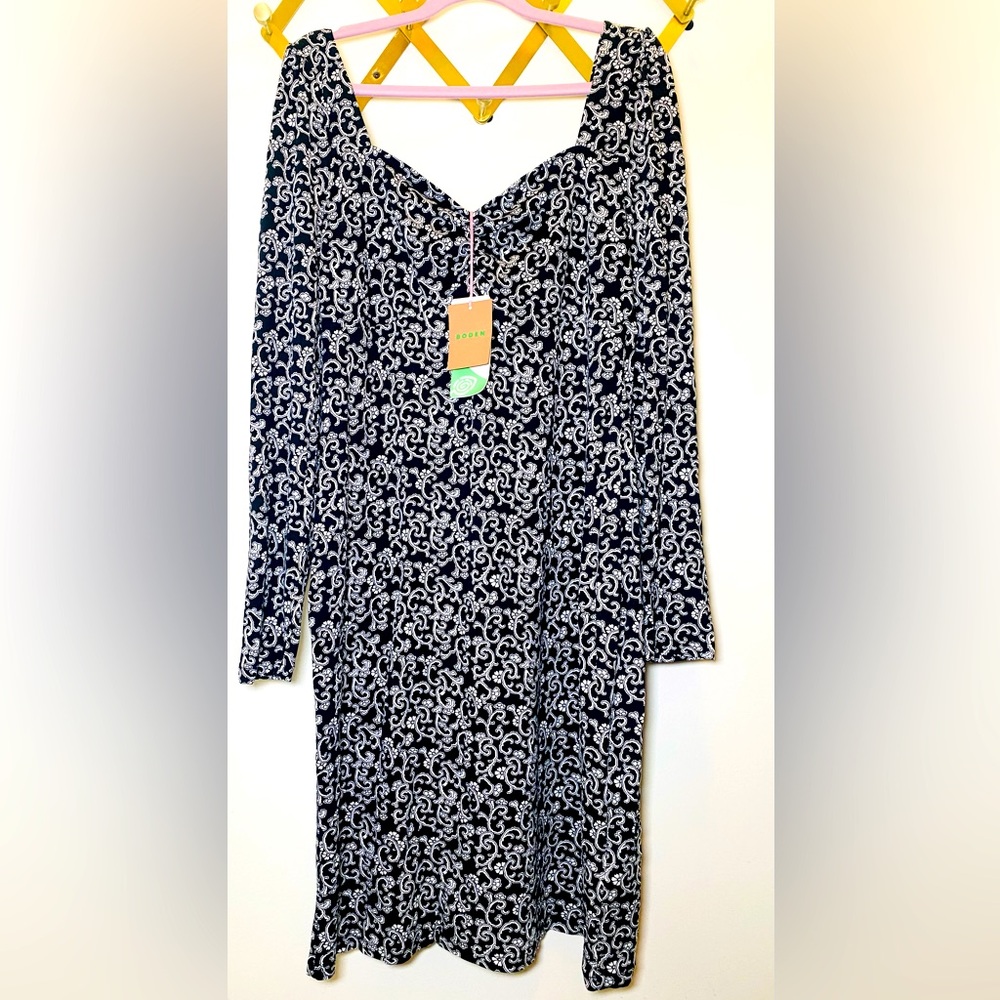 NWT BODEN Dress 10 Black Paisley Floral Sweetheart Long Sleeve 100% Lyocell